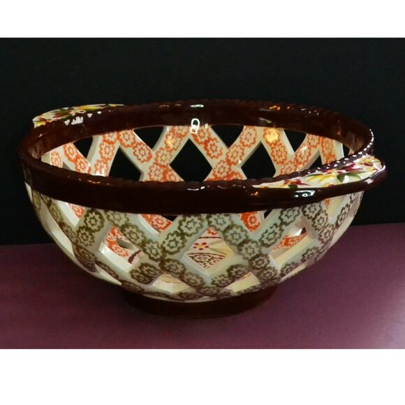 Temptations Lattice Work Basket Ceramic Bowl Brown Orange Kitchen Bakeware Decor - Picture 2 of 8